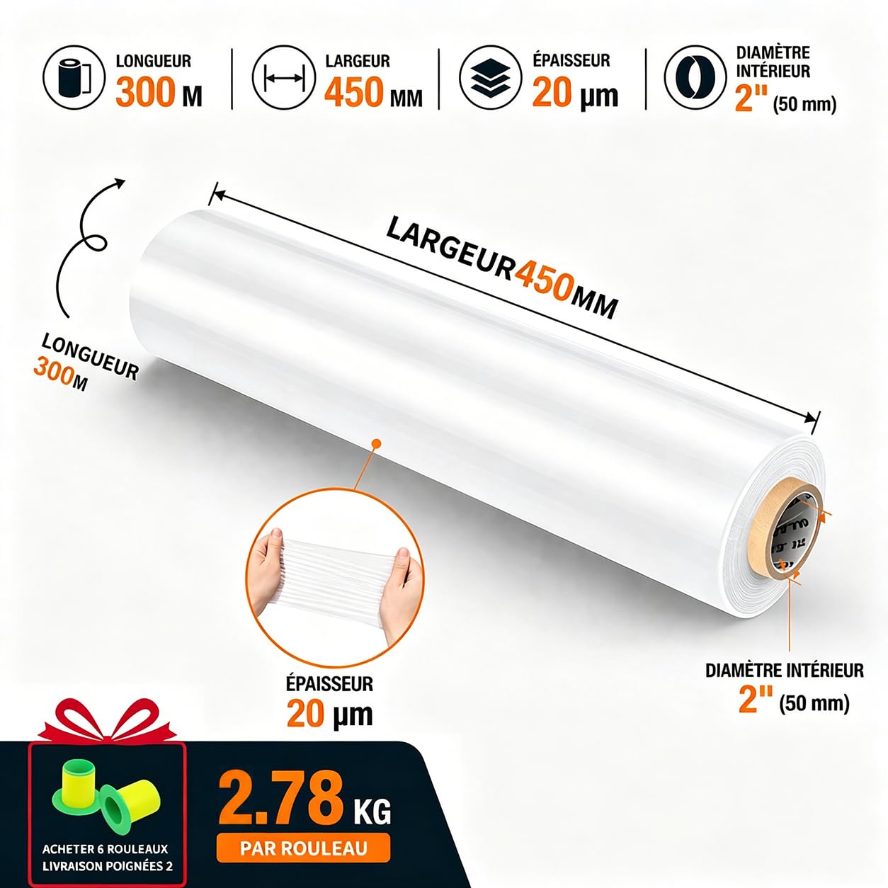Lot de 6 Film Étirable, 45 cm x 300 m, 2,78 kg, 20 µm, Blanc