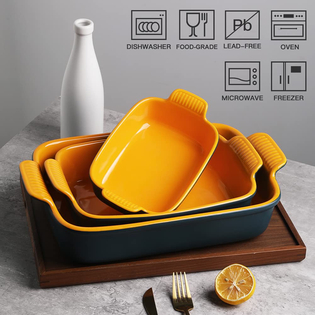 Sweejar Juego de 3 sartenes para hornear, de cerámica de 9 x 13 pulgadas con asa, cacerolas rectangulares para horno, juegos de 3, sartenes duraderas para lasaña para cocina, banquete, regalo de boda