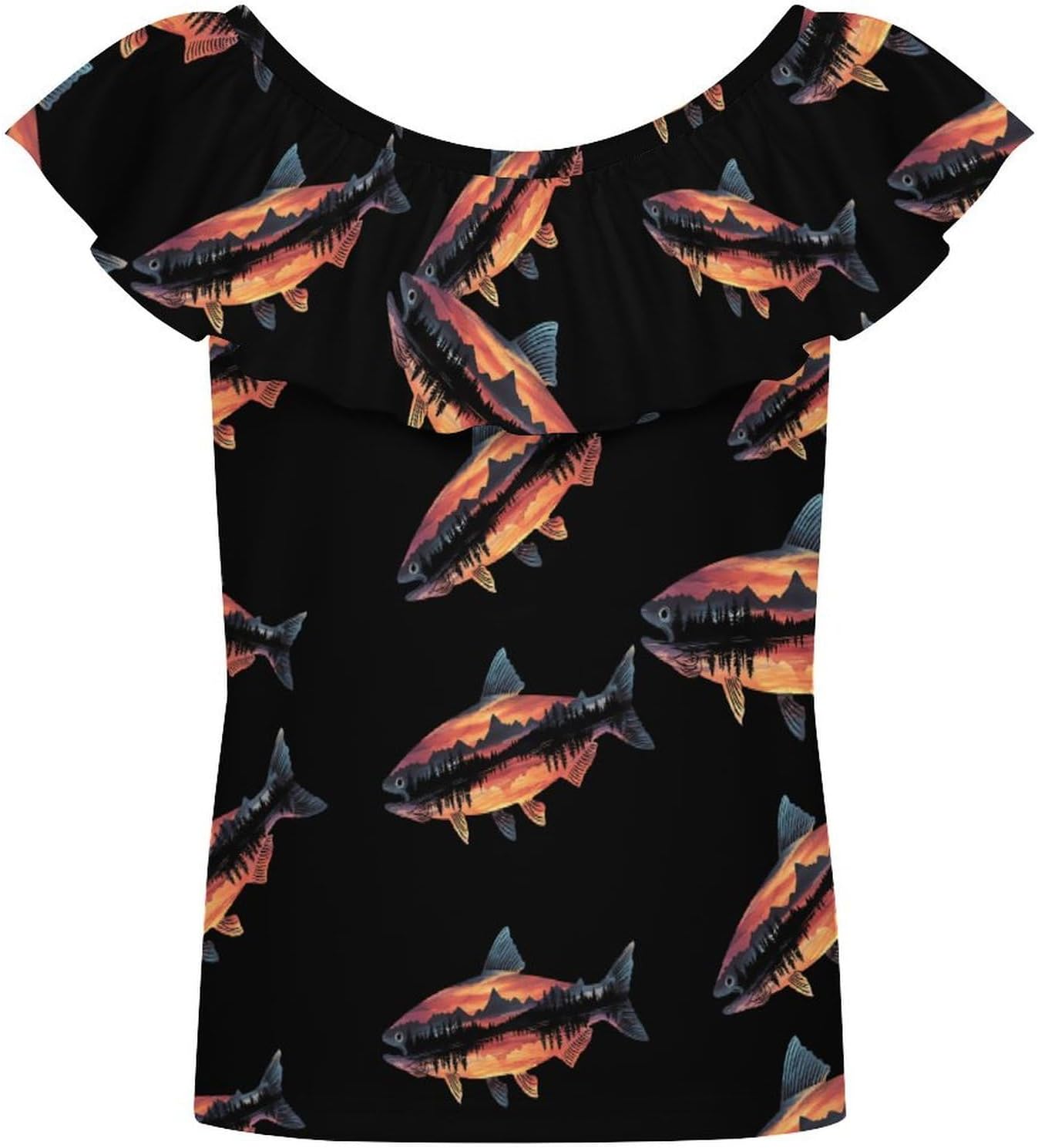 Salmons Fish Mountains Girls T-Shirts Top Ruffle Short Sleeve Blouse Casual Graphic Tees
