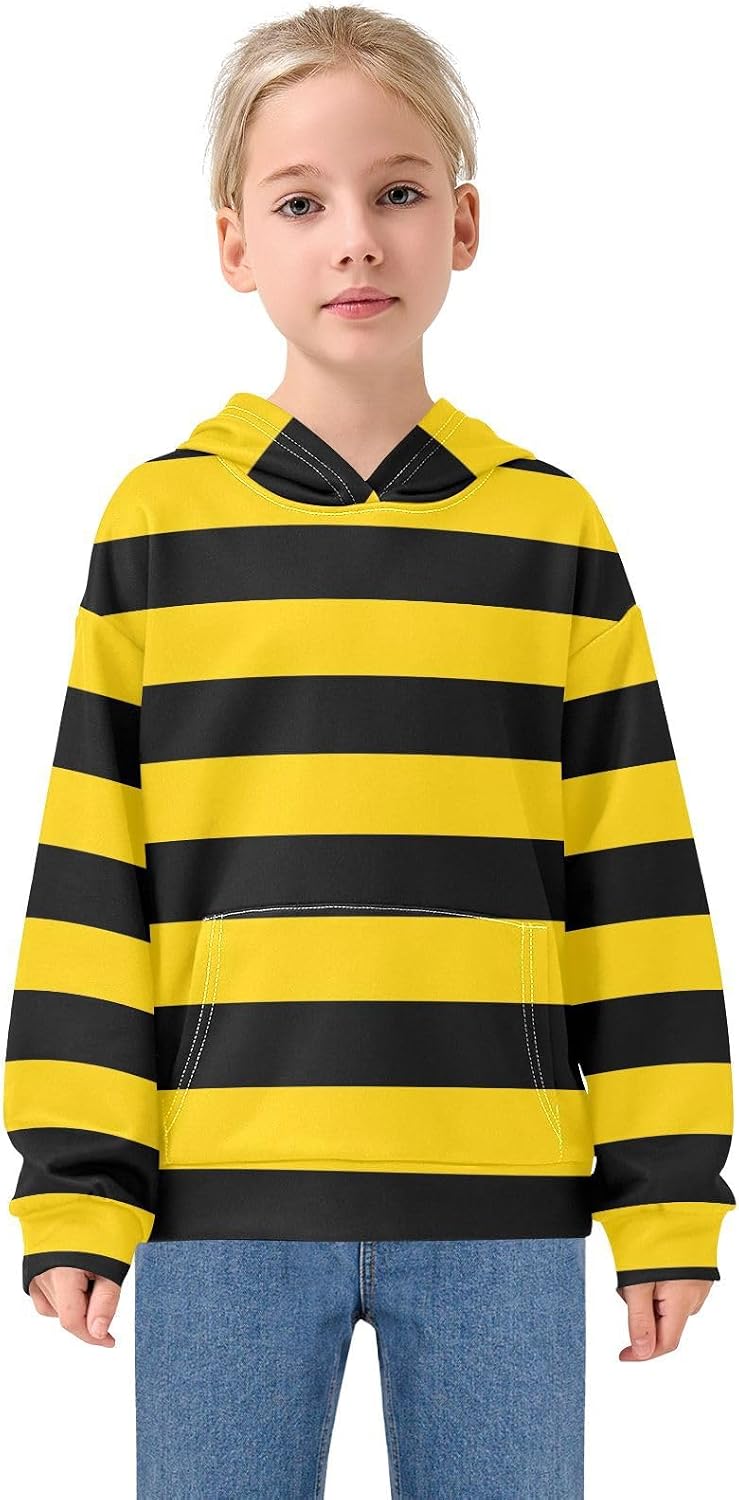 Black Yellow Stripe Toddler Girls Pullover Hoodie Sweatshirt 4-14Y