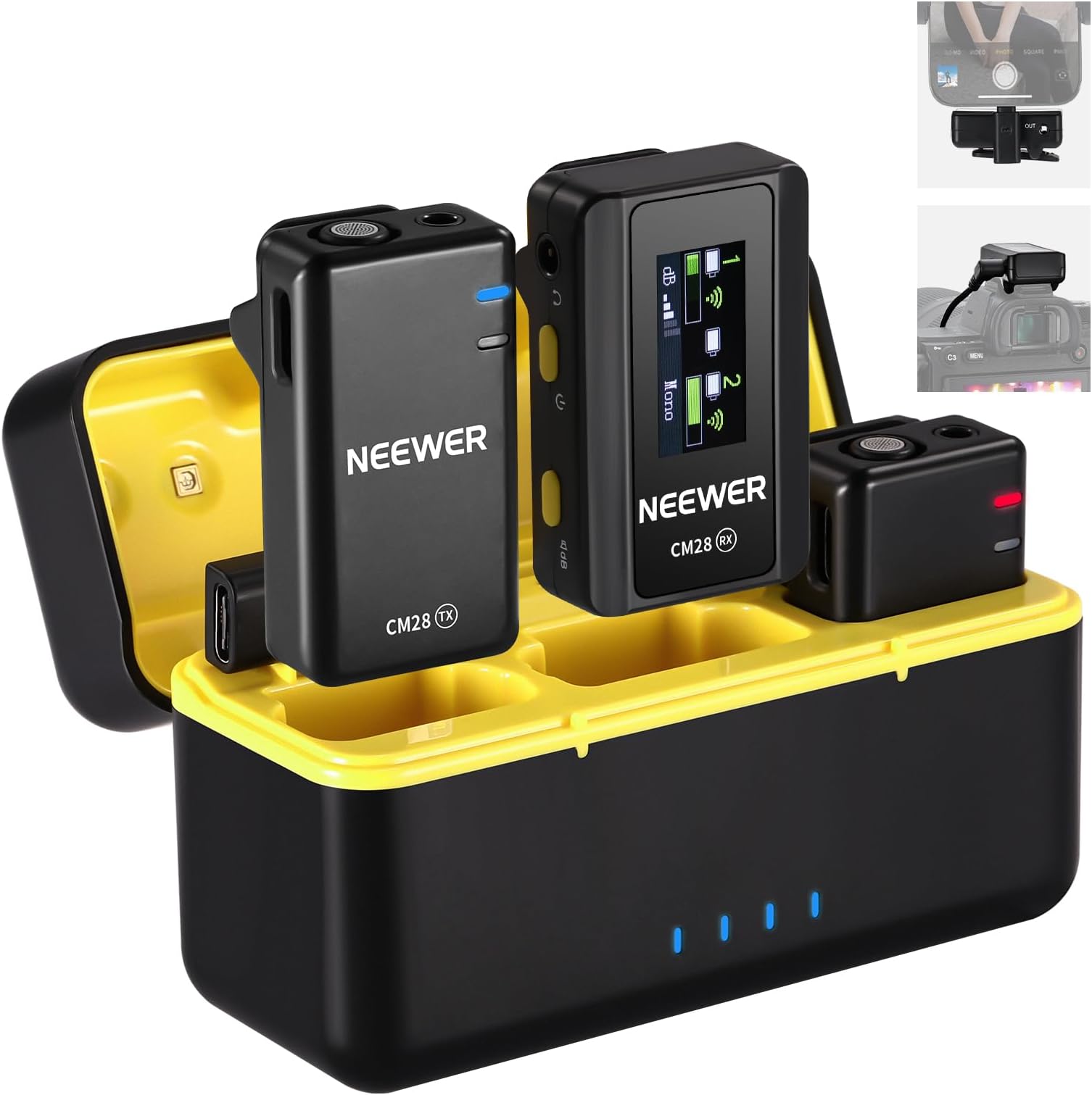 NEEWER CM28 Wireless Lavalier Microphone, Smart Noise Cancelling Lav Mic, 48KHz/16Bit 9hrs Uncompressed Recording, 200m Range, 4GB Storage for iPhone, Android, Camera, 1 RX + 2 TX + Charging Case