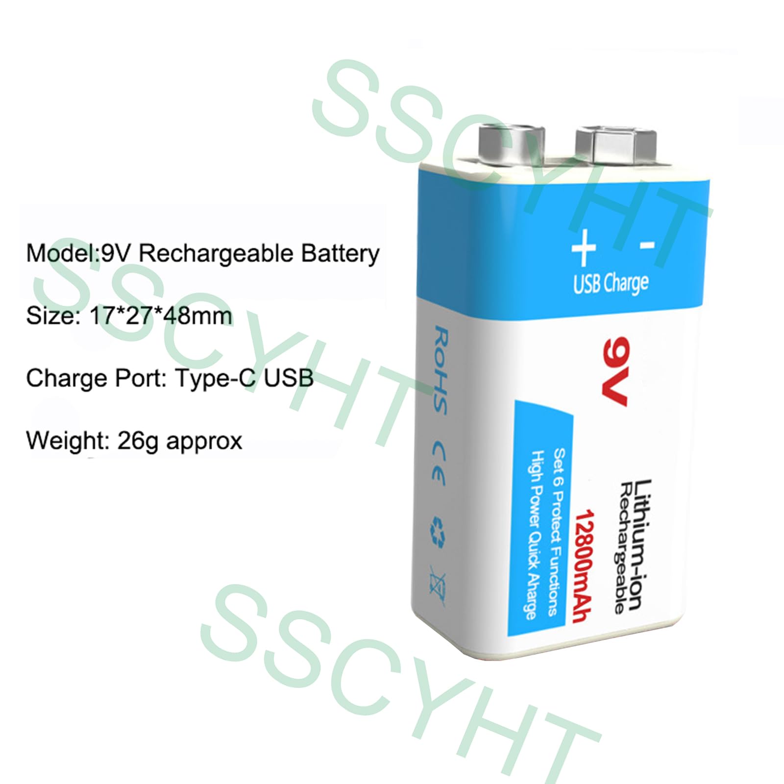 Batteria Ricaricabile 9V Batteria agli ioni Litio 9 Volt 12800mAh per allarmi/microfoni/rilevatori Fumo/Giocattoli/torce elettriche Altri dispositivi Batteria Backup