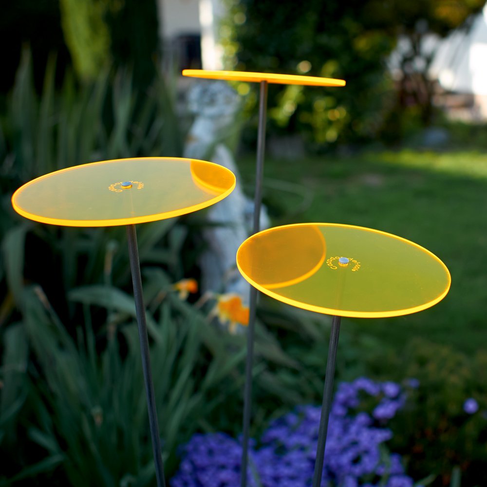 Cazador-del-sol ® - das Original | Medio - tres | 3 Stück | Sonnenfänger-Scheiben gelb | Durchmesser 15 cm | Höhe 120 cm