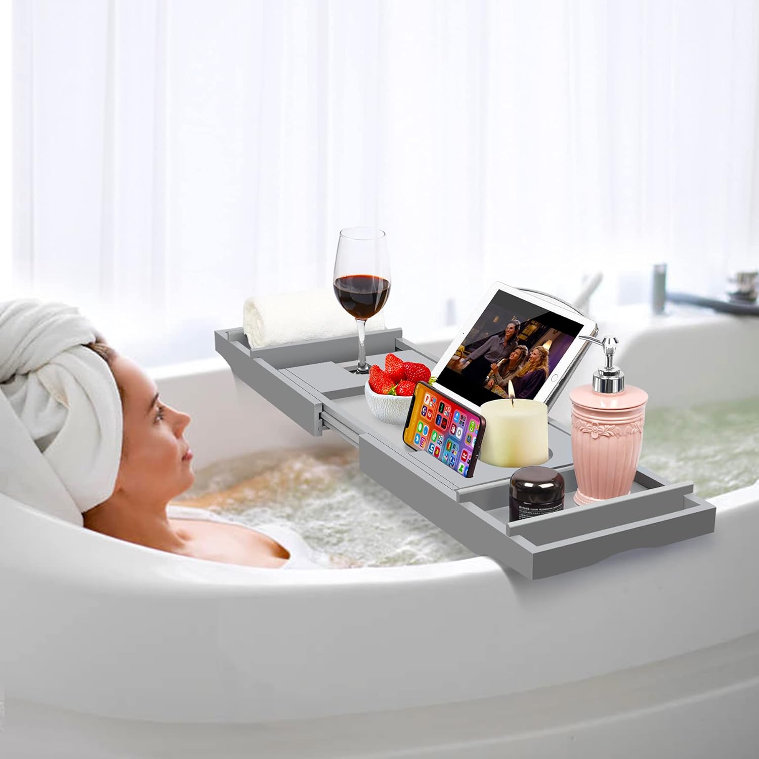 Luxury Bamboo Bathtub Caddy Tray with Book and Wine Holder,Bath Accessories & Bed Tray with Extending Sides,Bathroom Organizer for Men/Women,Free Soap Holder,Gray