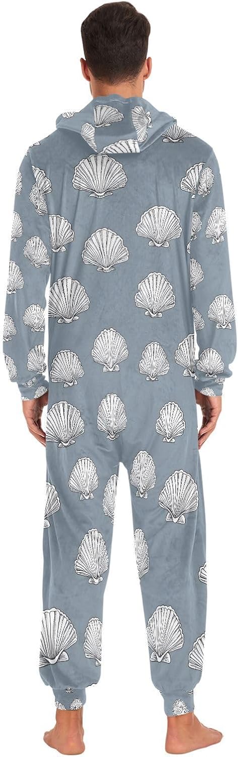 ALAZA Seashells Blue Nautical Coastal Adult Onesie Pajamas Novelty One Piece Costume Sleepwear Jumpsuits Matching PJS