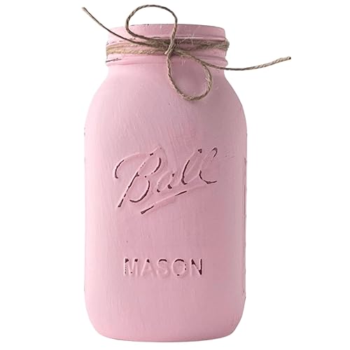 Pink Mason Jars - Hand Painted Distressed Mason Jar, QUART 32 oz. Regular Mouth, Rustic Farmhouse Mason Jar With Twine, Pink Flower Vase, Baby