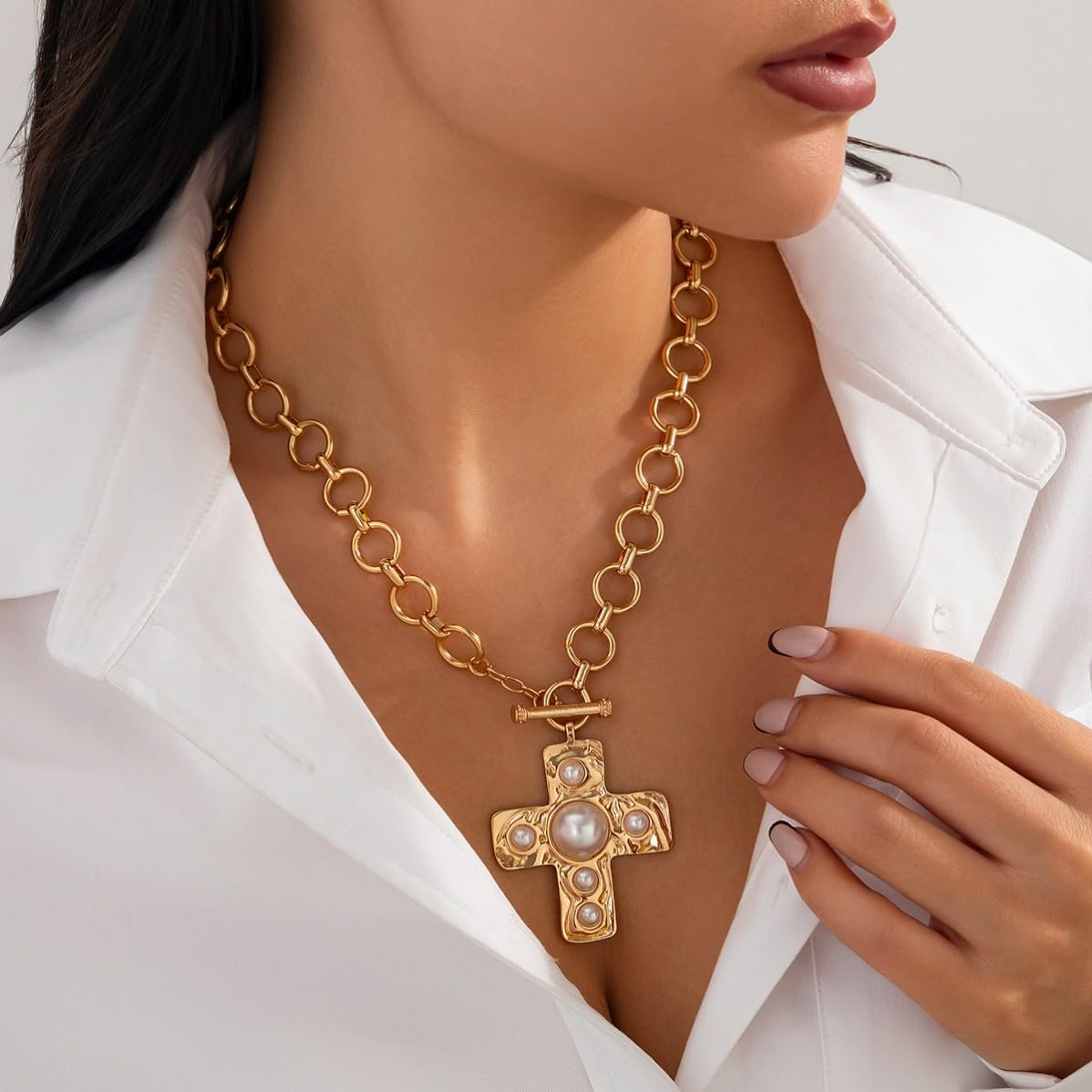 Chunky Cross Necklace for Women Gold Toggle Necklaces Statement Hammered Gold Cross Pendant Jewelry - Image 4