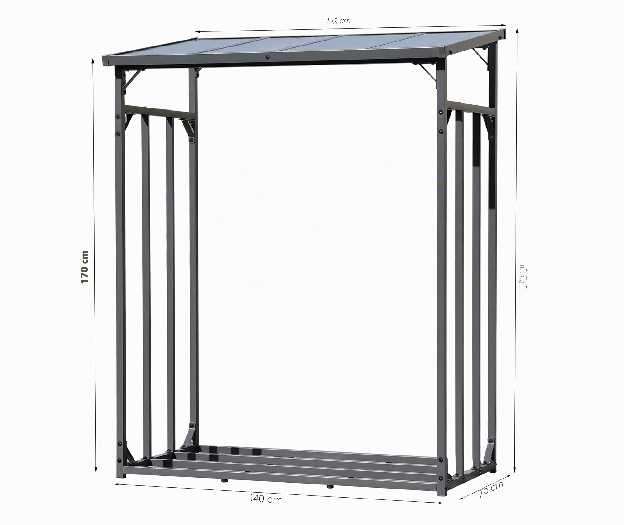 QUICK STAR Étagère à bûches en métal Anthracite 143 x 70 x 185 cm Abri à bûches 1,8 m³/2,5 SRM Support pour bûches de cheminée