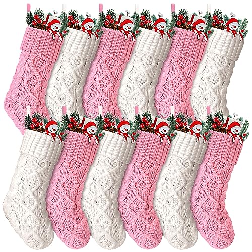 Hungdao 12 Pcs Pink White Christmas Stockings Knitted Xmas Socks Rustic Socks Double Sided Fireplace Hanging Stockings Vintage Christmas Socks for Family Christmas Decoration,(8.3 Inch)