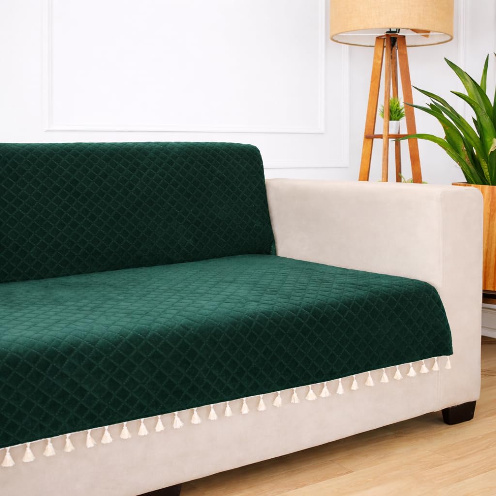 STITCHNEST 'Maison Plush Series' Quilted Velvet Sofa Cover 3 Seater Fully Covered | Premium Soft Fabric, Washable & Fade Resistant | Green Sofa Protector with Tassels | Size 70x60 Inch