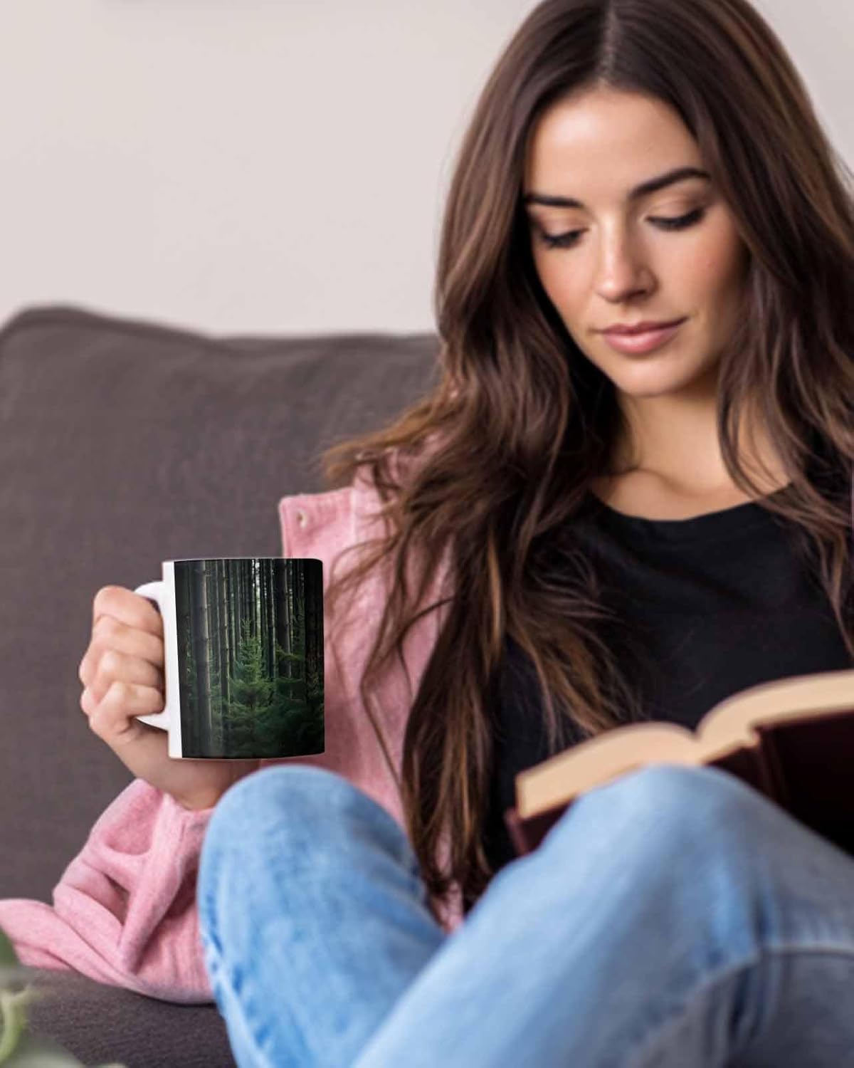 BEMIGO Ceramic Coffee Mug Pine Trees Green Ceramic Mug White Cup, Summer Forests Insulated Coffee Cup with Handle with Pattern Perfect for Tea and Hot Beverages, 12oz