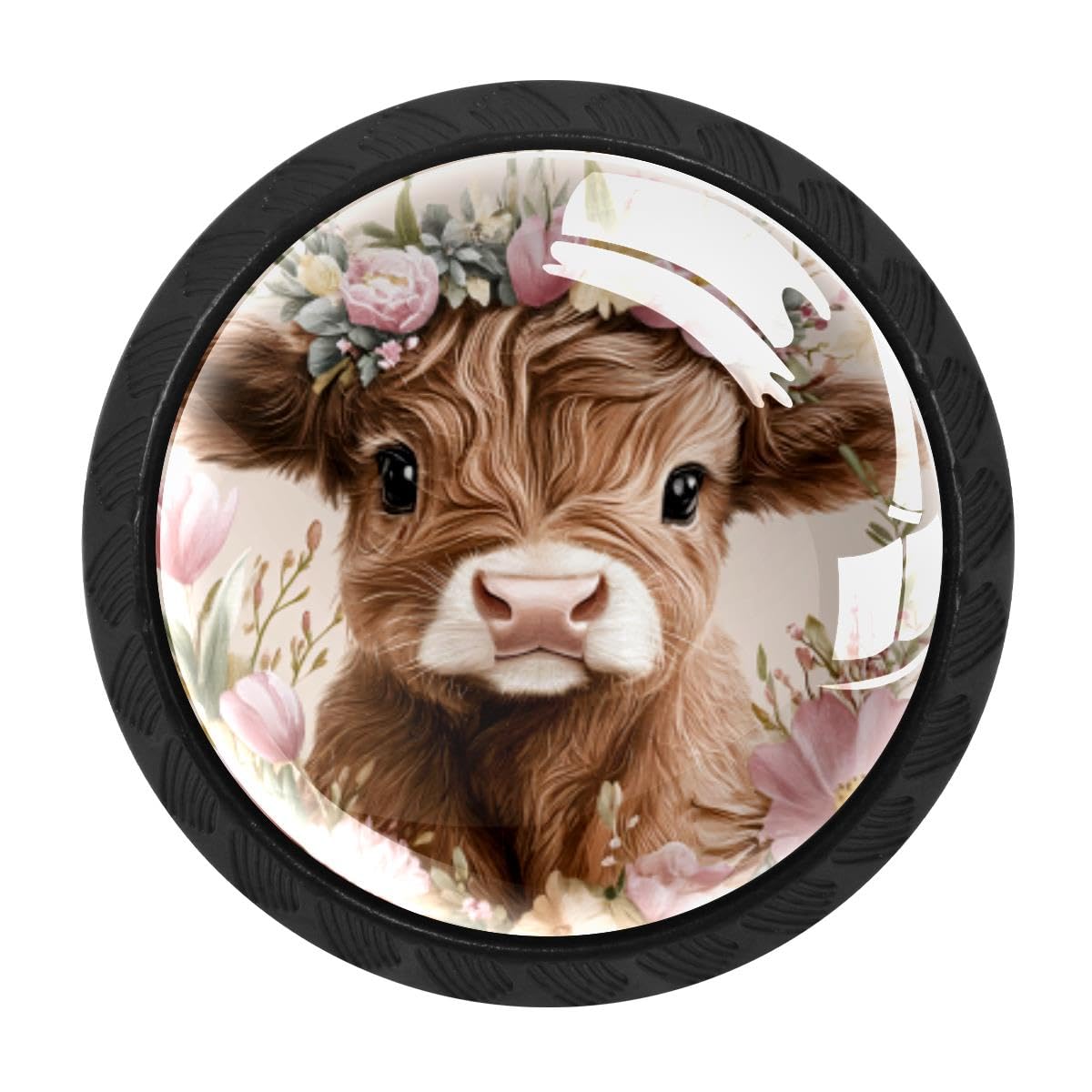 HEOEH 4 PCS Cabinet Knobs, Highland Cow Flower Drawer Knobs Dresser Handles