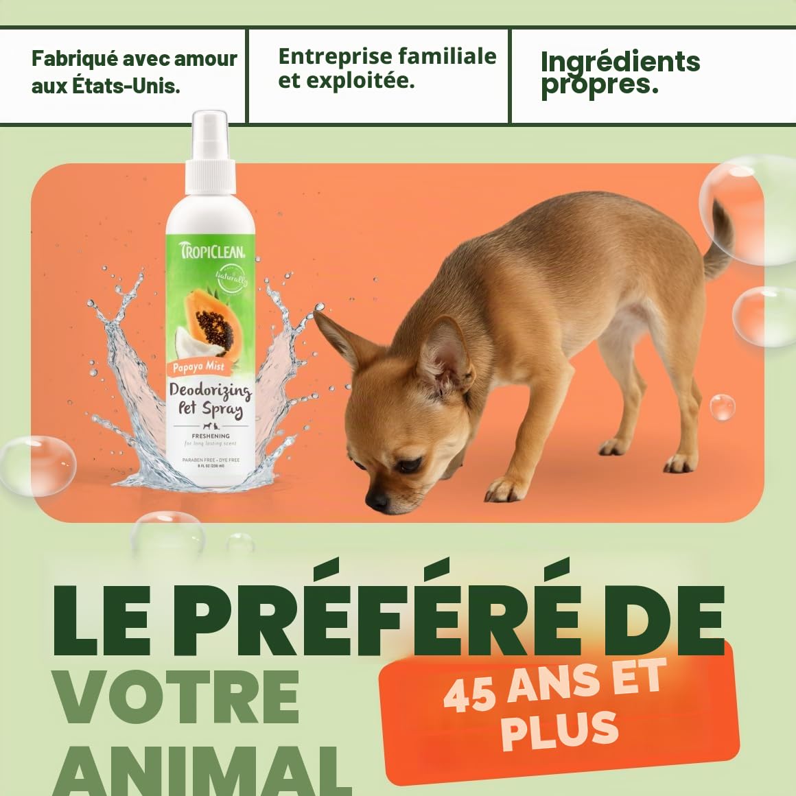 TropiClean Spray Désodorisant pour Animaux de compagnie Chiens & Chats - Parfum Longue Tenue - Sans Paraben & Sans Colorant - Brume de Papaye, 236 ml