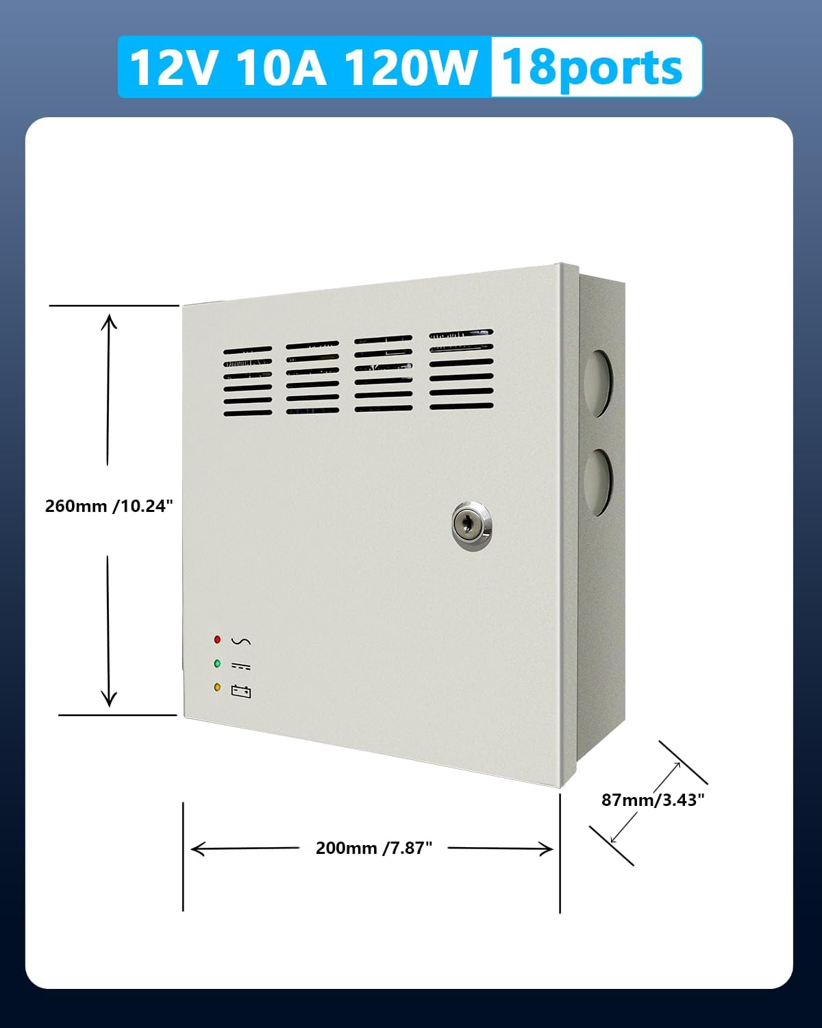 18 Channel 12V DC 10 Amp Output CCTV Distributed Power Supply Box with AC Plug and Lock for Security Cameras and DVRs (10A 18-Channel)
