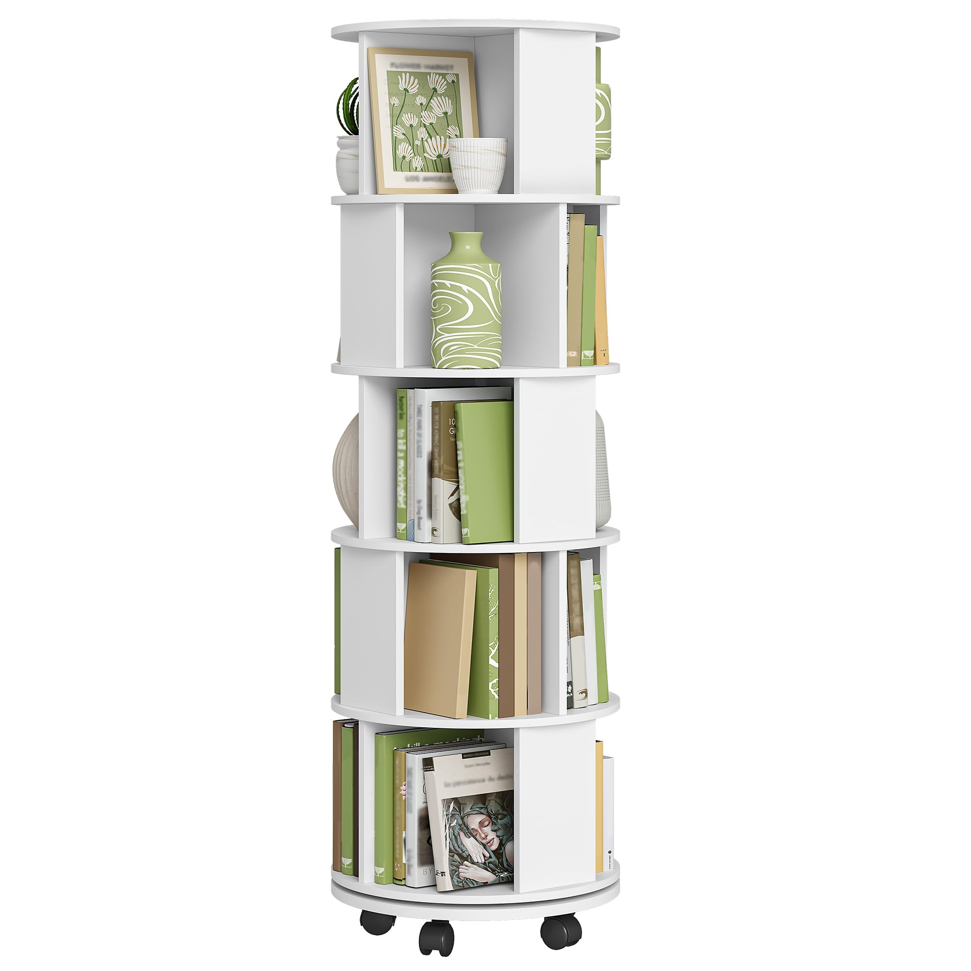 Hzuaneri Libreria Estantería Giratoria 360°, Librero Vertical de 5 Niveles, Estante para Libros con Ruedas Fijas, para Salón, Estudio y Oficina, 45 x 45 x 161,5 cm, Blanco BC54003X | Estantería de almacenamiento de 5 niveles, estantería moderna con ruedas