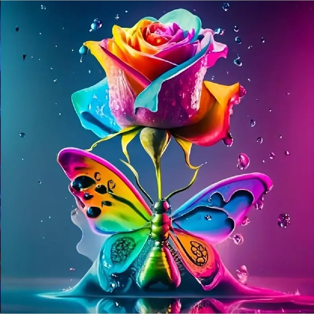 STGLCR Rose Diamond Painting Kits for Adults, DIY Butterfly Paint by Numbers for Adults Beginner DIY Full Drill Diamond Dots Paintings Rainbow Flower Picture Arts for Home Wall Art Decor 12x16 Inch