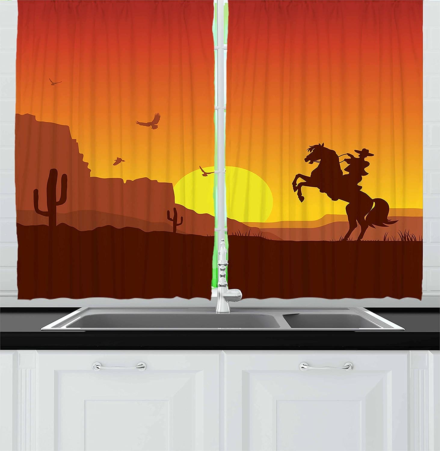 Tenda Per Finestra Western Cowboy – 2 Pannelli 106x137 Cm, Tessuto Poliestere Con Stampe Di Cavalli E Cactus, Arredo Rustico Per Casa