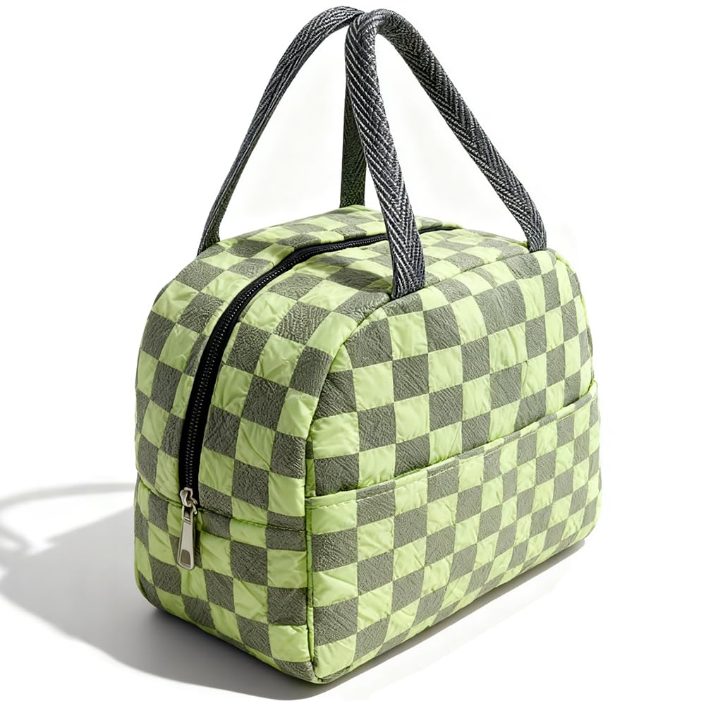 VorErgyllic Lunch Bag for Women & Kids -Oxford Cloth Bubble Check Waterproof Insulated Lunch Tote Bag Travel Picnic School Cooler Bag（Black and Green Check