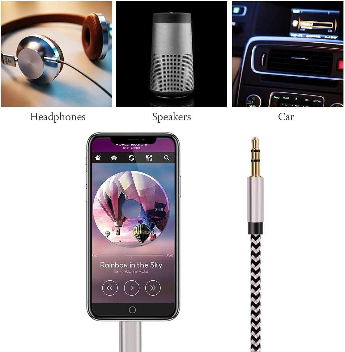 [Apple MFi Certified] iPhone to 3.5mm Car AUX Stereo Audio, Hutou 2 Pack Lightning to 3.5mm Nylon AUX Cable for iPhone 12/11/XS/XR/X 8 7/iPad to Car Stereo, Speaker, Headphone, Support iOS 14 (3.3FT)