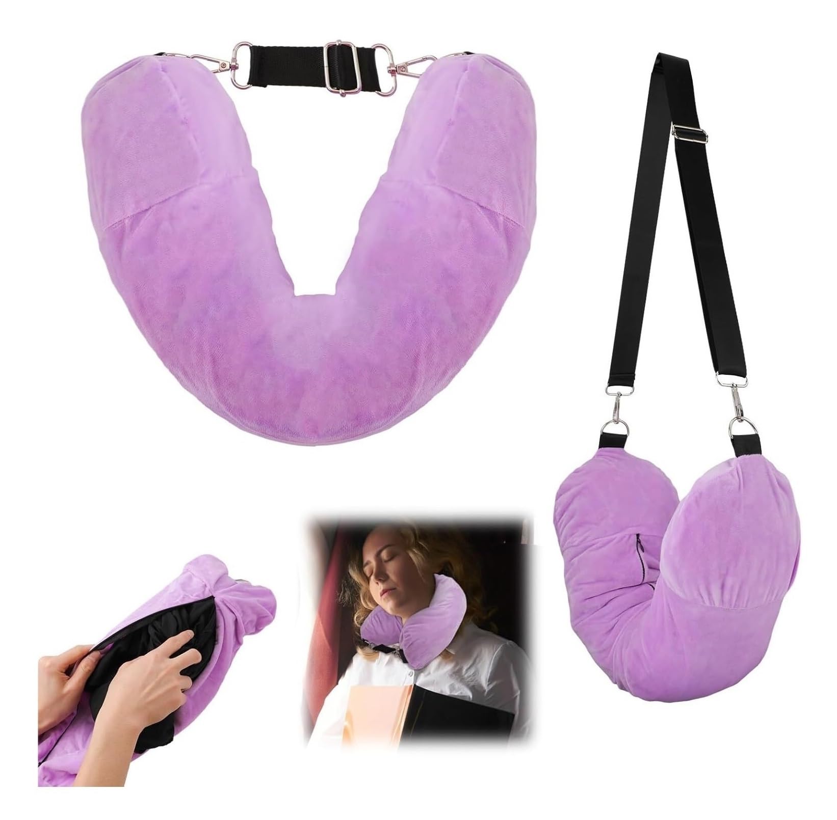 Reisekissen Nackenkissen Flugzeug Füllbares Reisekissen Reise-Nackenkissen Mit Aufbewahrung Für Kleidung Reiseutensilien(Purple)
