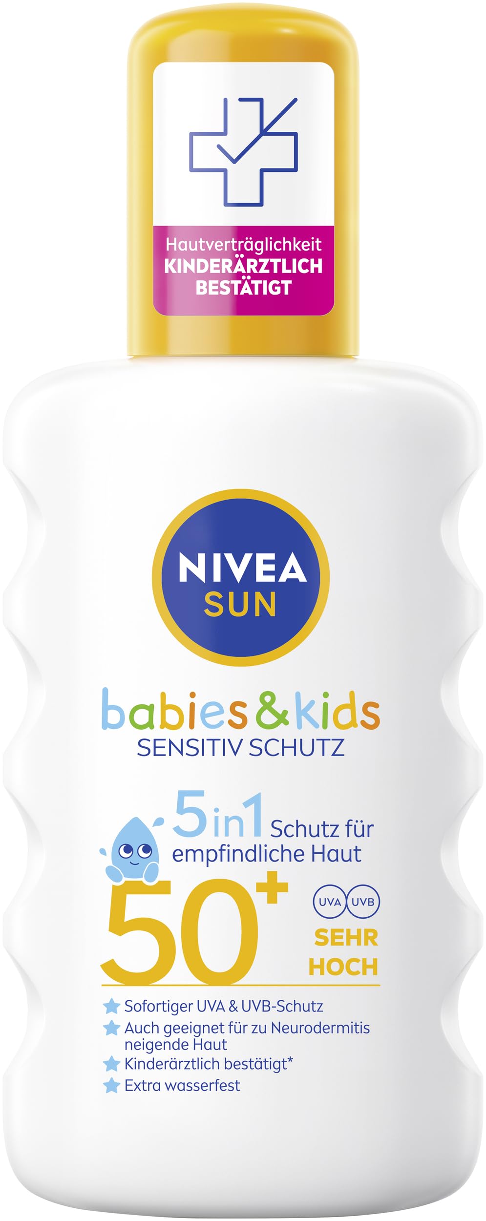 NIVEA SUN Babies & Kids Sensitiv ochrona przed słońcem SPF 50+, wyjątkowo wodoodporny krem przeciwsłoneczny w sprayu dla dzieci, bezzapachowa ochrona przed słońcem, również do skóry ze skłonnością do
