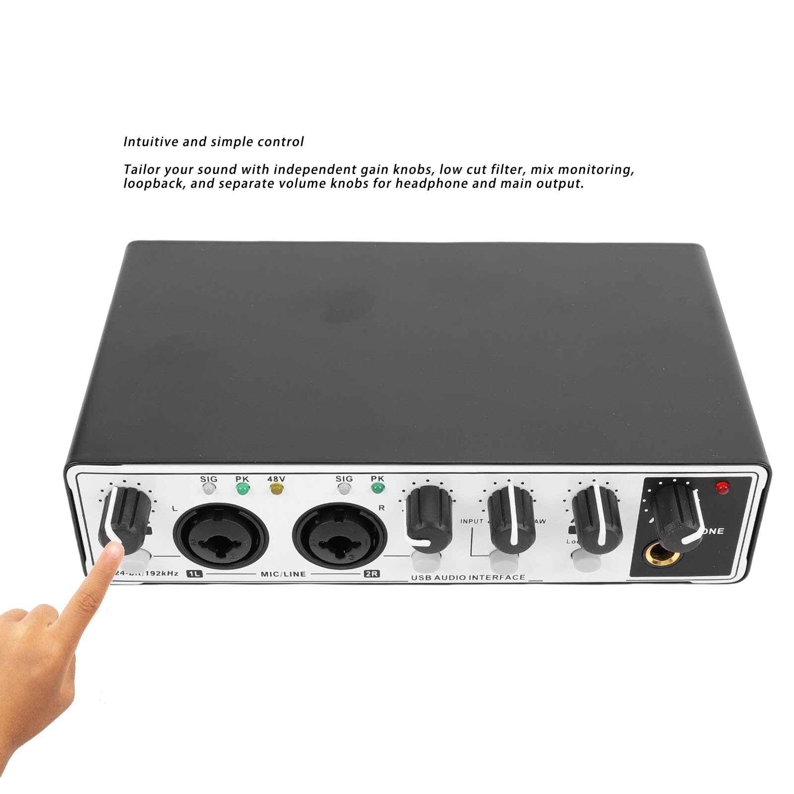 Annadue Interfaz de Audio USB C para Grabación, Streaming y Podcasting con 2 Entradas XLR/TRS, 24 Bits/192 KHz, Alimentación Fantasma de 48 V (blanco negro)
