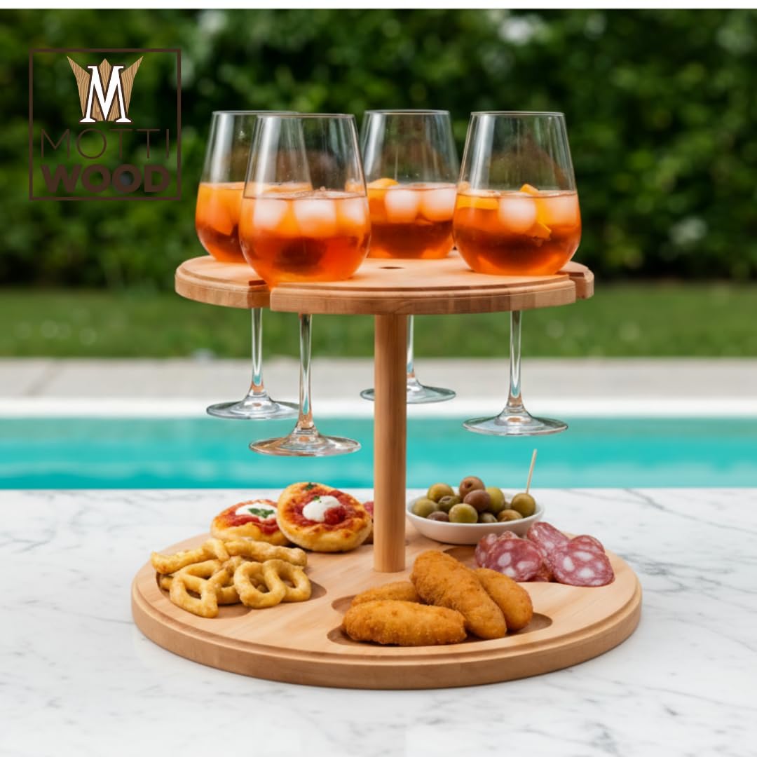 Mottiwood Alzatina 4 Bicchieri, Vassoio Aperitivo, 2 Ripiani, 4 Spazi Porta Bicchieri, 100% Legno Faggio, Idea Unica, Dimensioni: 32,5x23hcm
