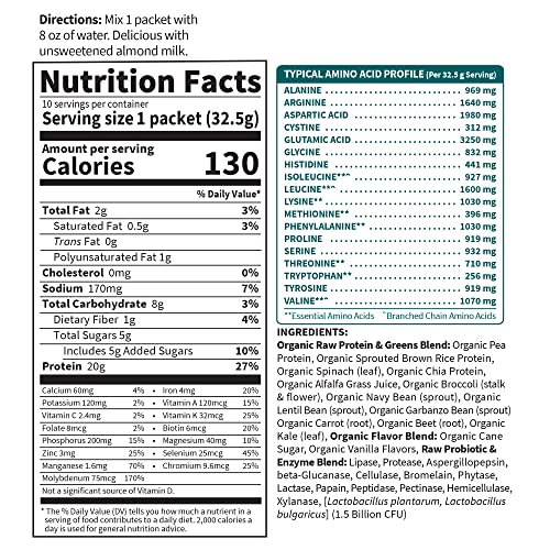 Garden of Life Raw Organic Protein & Greens Lightly Sweet - 10 Servings (10 Packets), Vegan Protein Powder for Women and Men with Juiced Greens, 20g Plant Protein, Probiotics, Enzymes, Low Carb Shake - Image 6