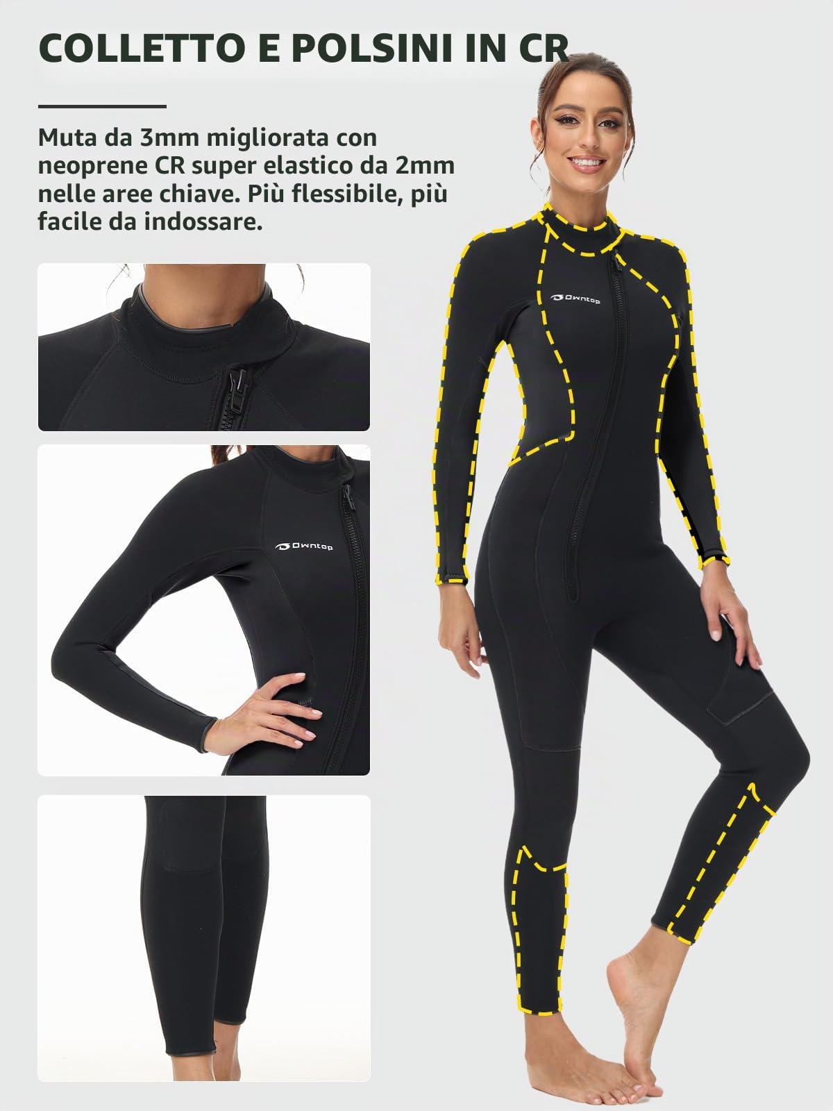 Owntop Muta da Donna 3/2mm - Muta da Sub Completa con Zip Frontale, Stretch Pro Neoprene Wetsuit Termica Lunghezza Completa per Surf Snorkeling, Donna Nero M