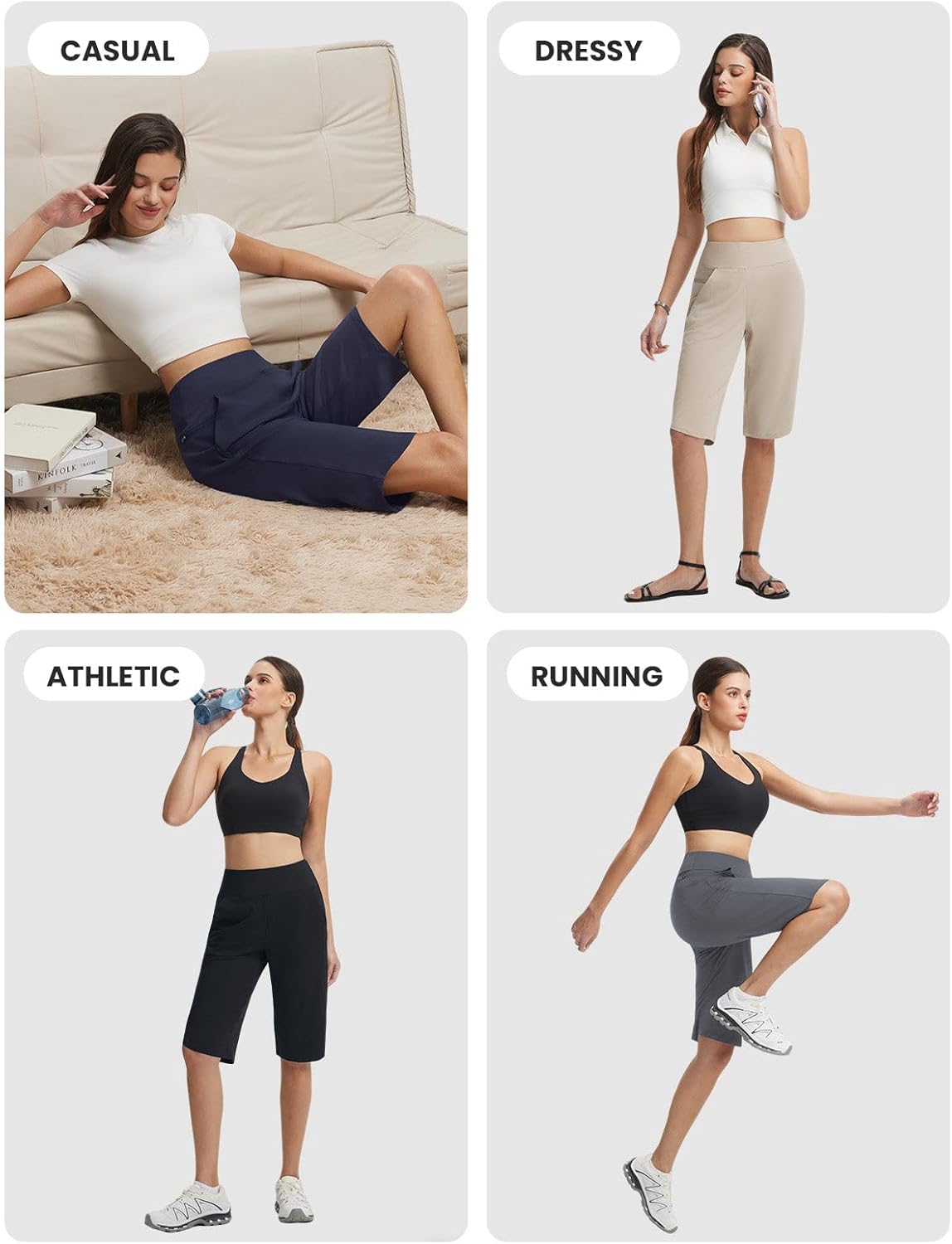baleaf Women's Bermuda Long Shorts 14" Knee Length Capris with Zipper Pockets Athletic Walking Athletic Casual Summer