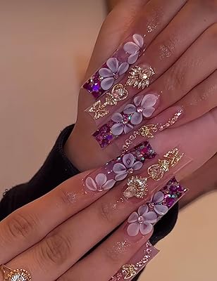 FRUJCDKI Real Gel Handmade Luxury Purple Sequin Carved Rhinestones Press On Nails Square Coffin Fake Nails With Designs Glossy False Nails for Women and Girls (Purple-L)
