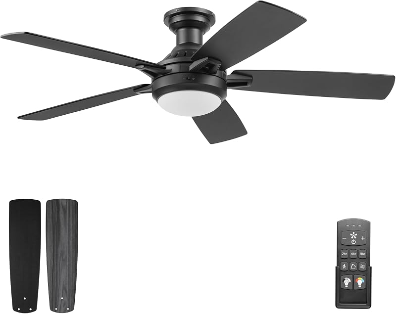 Ventilador de techo Radstock de 52", ventilador interior contemporáneo con luz LED, opciones de montaje dual, control remoto y 5 cuchillas reversibles, negro mate