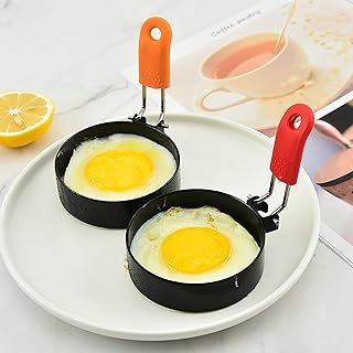 Egg Rings Set of 2 with Silicone Handle, Non-Stick Round Molds for English Muffins, Pancakes, Breakfast Sandwiches, Egg McMuffins, Perfect for Indoor Cooking & Camping