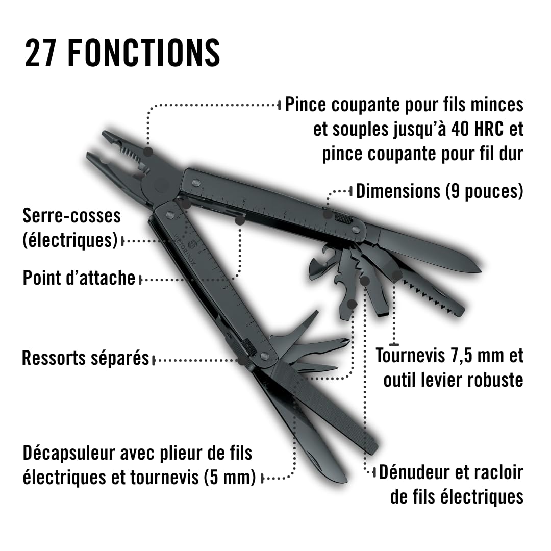 Victorinox Swiss Tool Spirit Bs, Couteau de Poche Suisse, Multitool, Couteau Multifonction de 29 Fonctions, Lame Fixe, Etui, Noir
