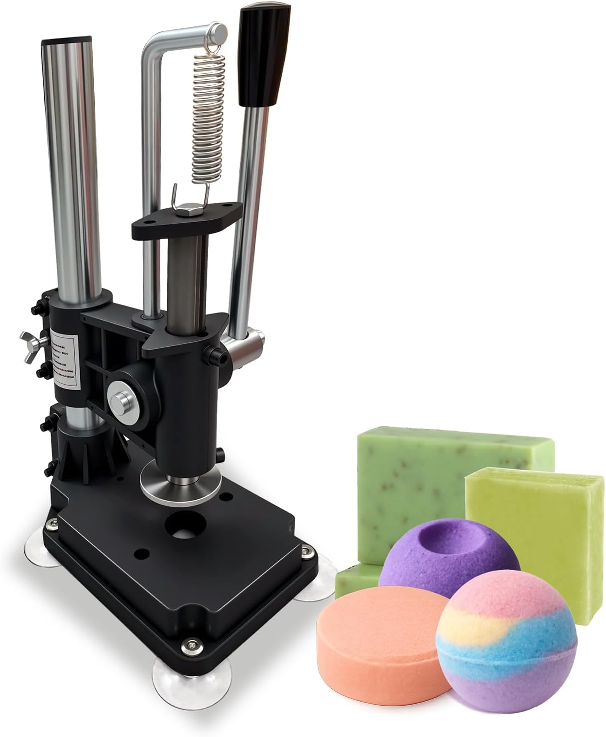 Heavy Duty Cast Iron Bath Salt Press Machine with Suction Cup – Adjustable Height, 5 ABS Molds (Cube, Sphere, Rectangle, Concave, Tablet) – Easy Demolding for DIY Bath Bombs & Salt Blocks