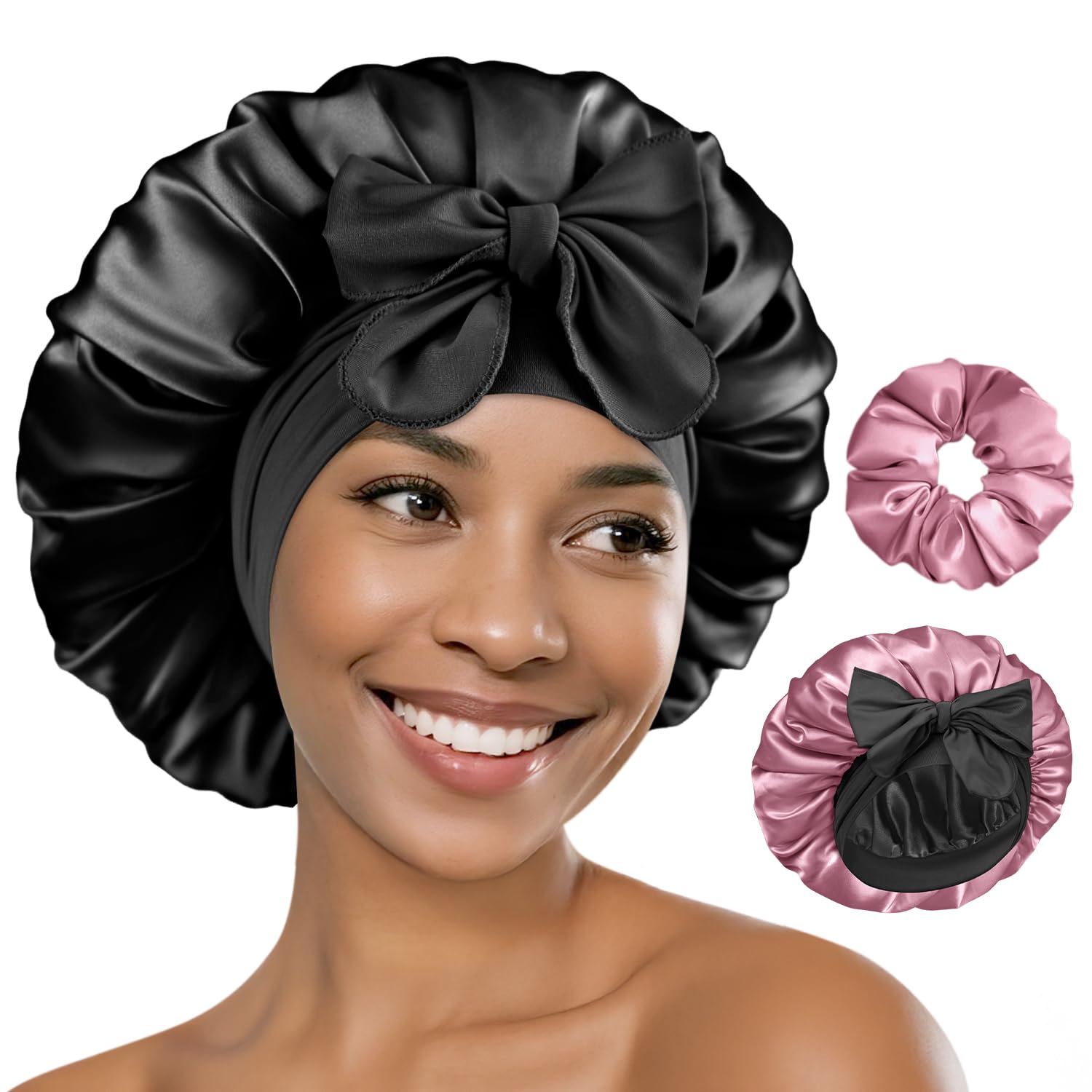 BONNET QUEEN Silk Bonnet for Sleeping Women HYALURONIC Acid Reversible Double Layer Satin Bonnet Night Sleep Cap Wrap for Curly Hair with Adjustable Tie Band & Scrunchie, Black & Rose Gold - Image 5