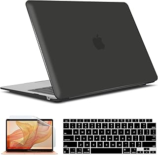 iBenzer Compatible with New MacBook Air 13 inch case 2022 2021 2020 M1 A2337 A2179 A1932, Hard Shell Case&Keyboard Cover&Screen Film for Mac Air 13 with Touch ID, Black, CA-AT13BK+2