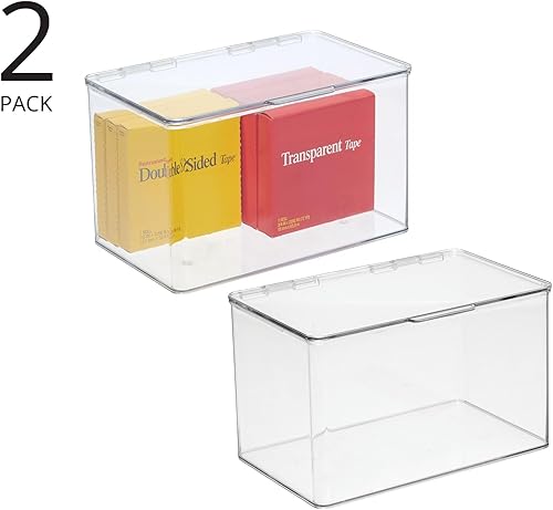 Miniatura 2 de mDesign Caja organizadora pequeña de plástico para oficina en casa con tapa con bisagras para escritorios, capacidad para bolígrafos, lápices, notas