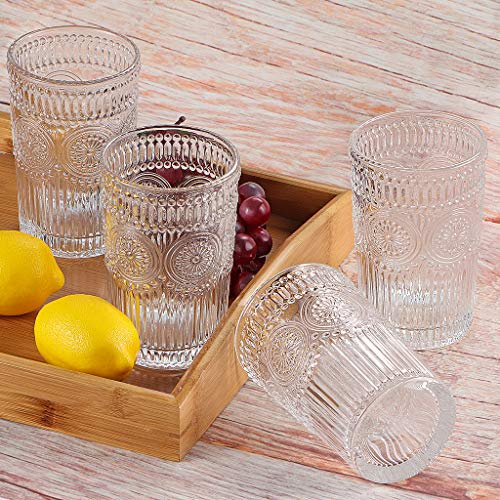 Image of MDLUU Embossed Water Glasses, Romantic Glassware, Vintage Drinking Glasses, Glass Tumblers for Juice, Beverages, Cocktail, Capacity 12.5oz /370ml, Set of 4