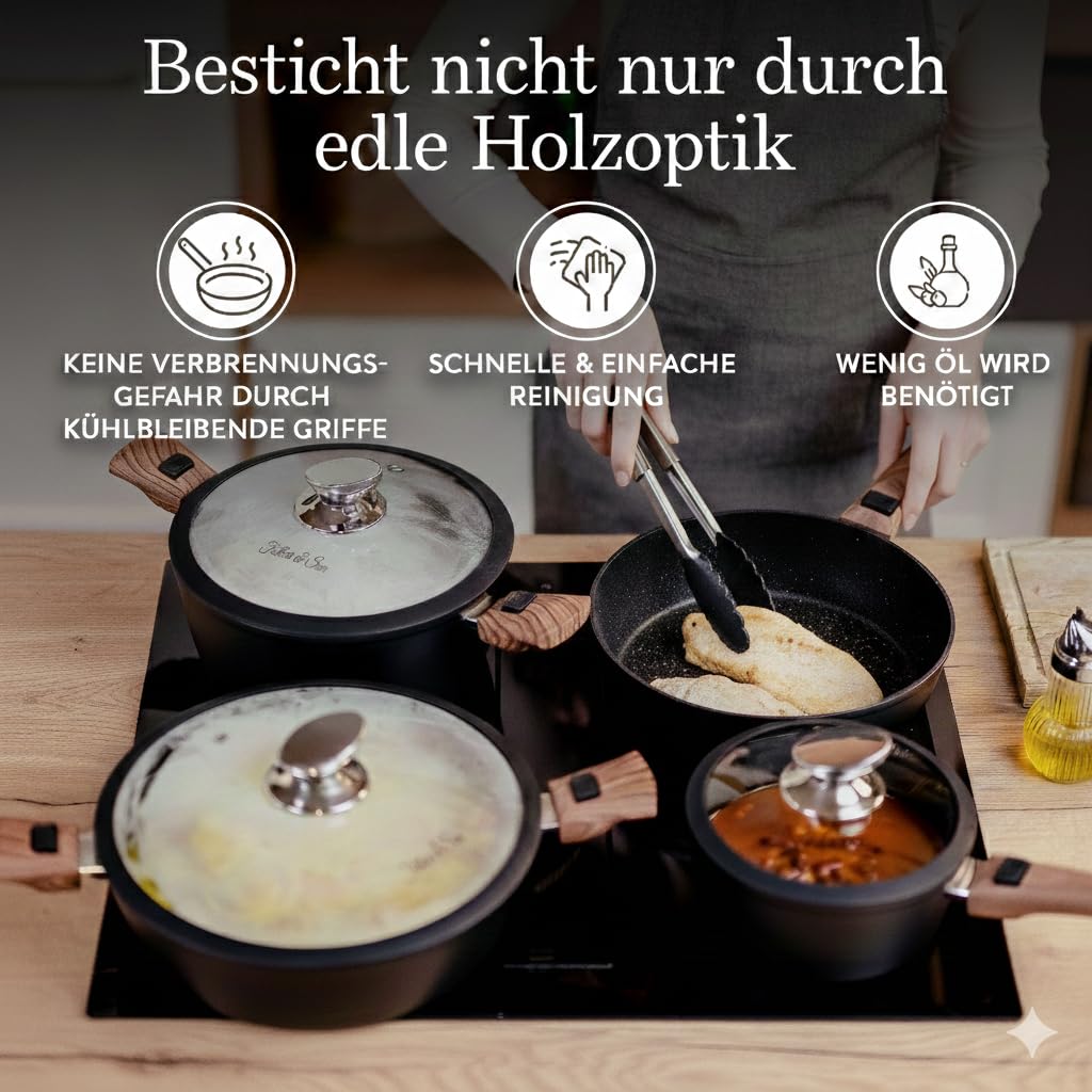 Topfset & Pfannenset Induktion [Antihaft Granit-Beschichtung] - Kochset mit abnehmbaren Griffen [Platzsparend & Backofenfest] - Beschichtete Töpfe und Pfannen Set [Spülmaschinenfest] - Ohne Einbrennen