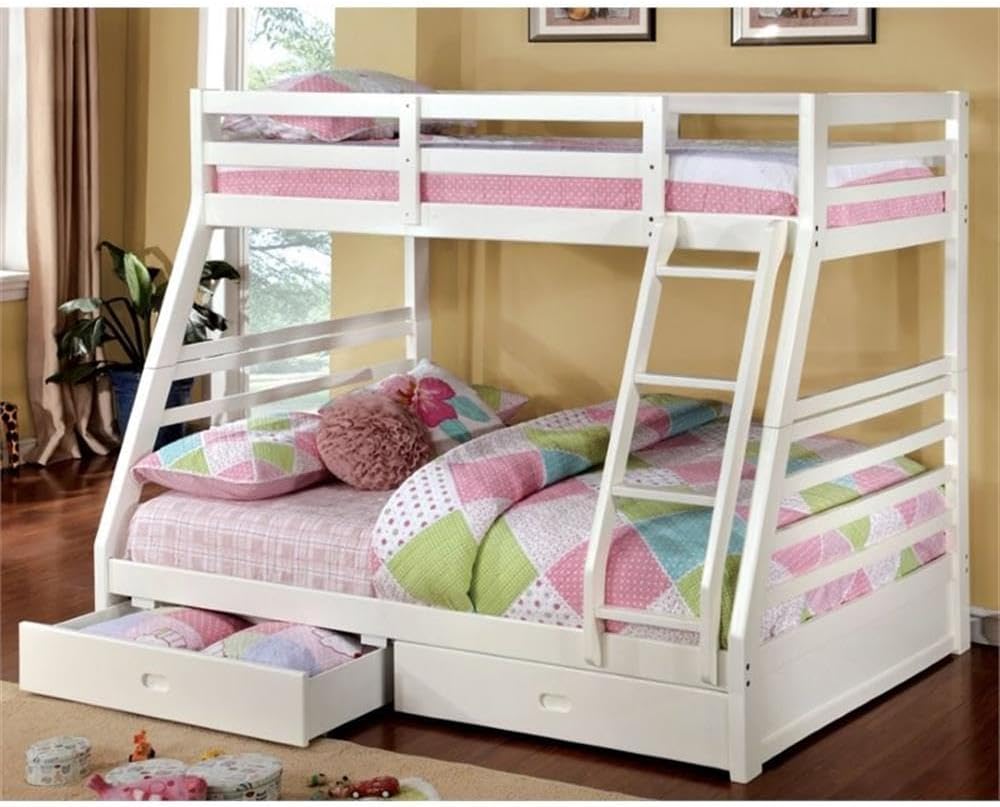 BOWERY HILL Solid Wood Twin Over Full Bunk Bed, White Finish, 78.38" L x 56.5" W x 65" H, Attached Ladder, Slatted Guard Rails, 2 Spacious Drawers, Transitional Style Bedroom Furniture