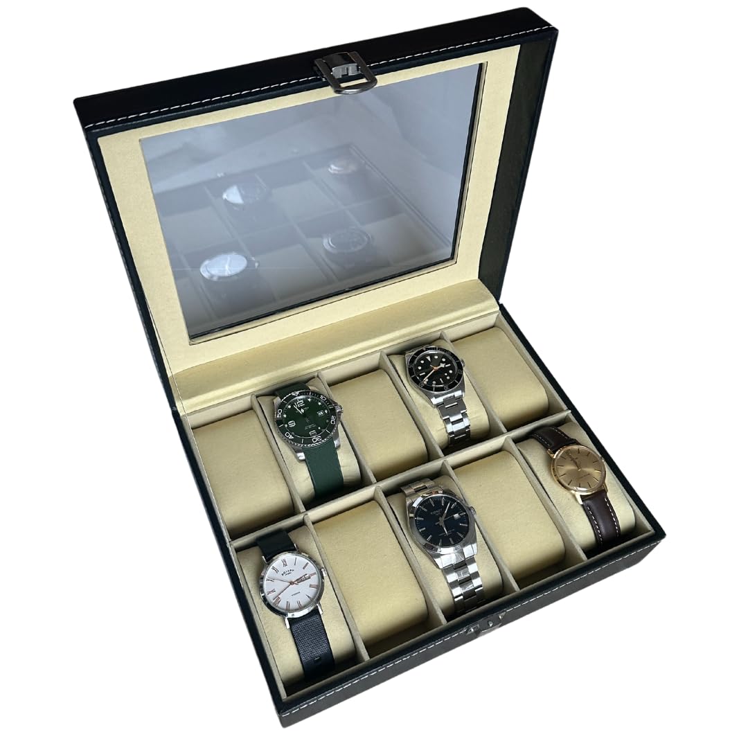 NFBCXUTKW Watch Box 2/4/8 Slots, Black, Watch Display Case, Watch Storage Box with Removable Cushion, Metal Clasp, PU Leather, Jewellery Box, Watch Box for Men, Gift Idea for Men (10 Slots)