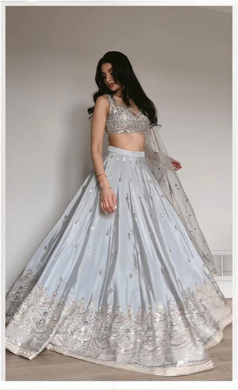 Luxury Satin Silk Lehenga Choli Set with Heavy Sequins, Dori & Zari Work | 3.5 Meter Flair Bridal Lehenga with Net Dupatta