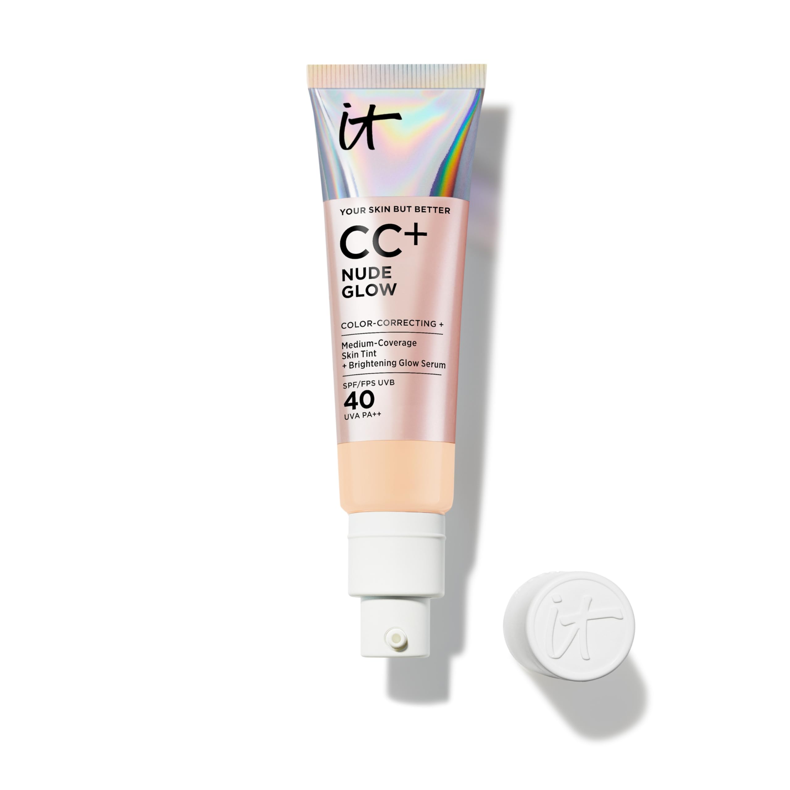 IT Cosmetics, Base de Maquillaje, Tratamiento Antiedad e Hidratante con SPF40, Cobertura Media, Acabado Luminoso, 12 Tonos Disponibles, Light, YSBB CC+ Nude Glow, 32 ml
