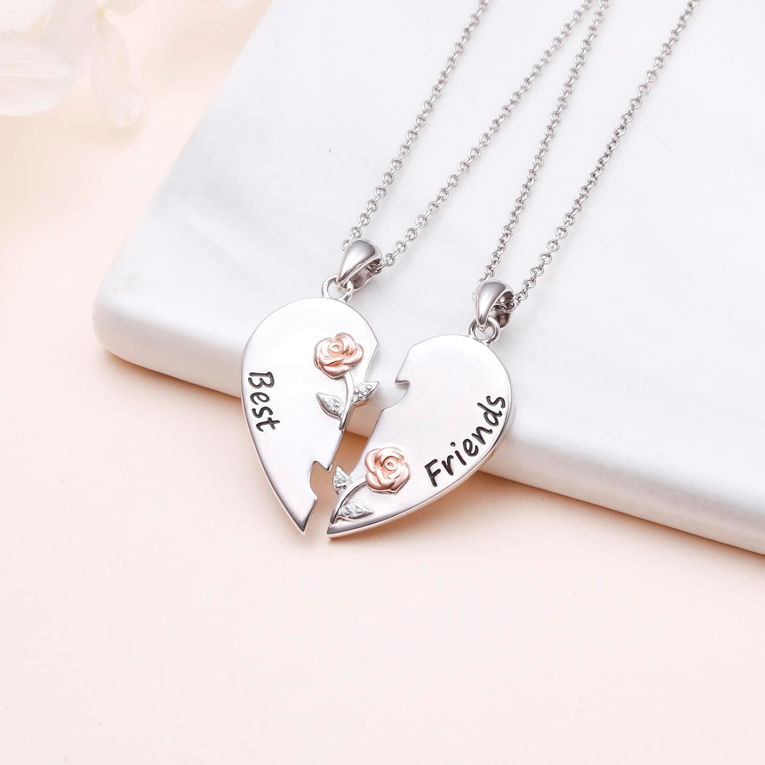 DAOCHONG S925 Sterling Silver Best Friend Couple Bestie Necklaces Heart 2 Piece Women Teen Stitch Friendship BFF Pendant Set for Rose Flower