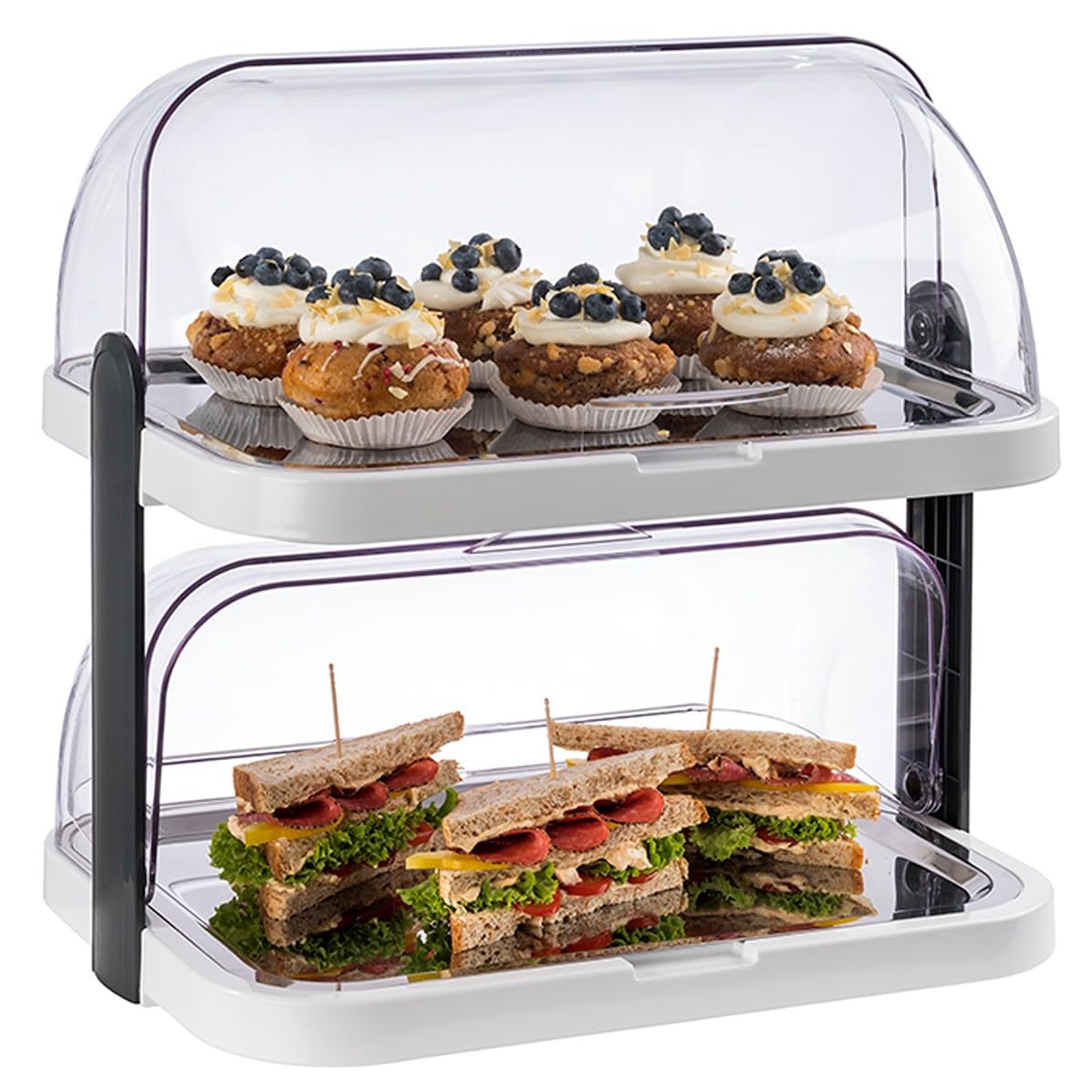APS 9200 Buffetvitrine „Doppeldecker“ – 2 beidseitig aufklappbare, transparente Rolltophauben, 2 Edelstahl-Tabletts, 4 Kühl-Akkus, platzsparend lagerbar – Made in Germany, Weiß, Groß