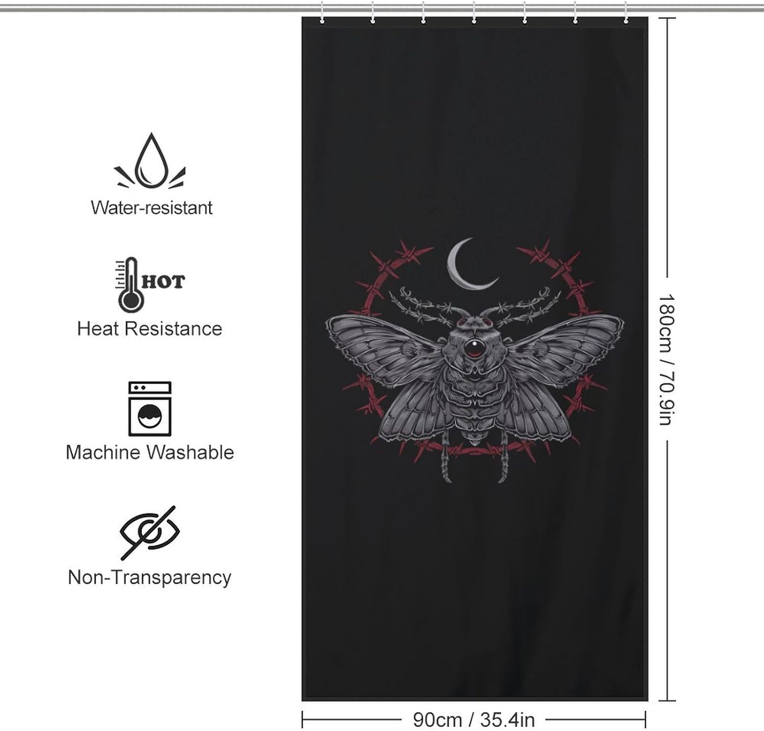 Gothic Moth Occult Funny Shower Curtains Washable Bath Curtain Liner with Hooks for Bathroom Bath Tubs 36x72Inch（92x183cm）