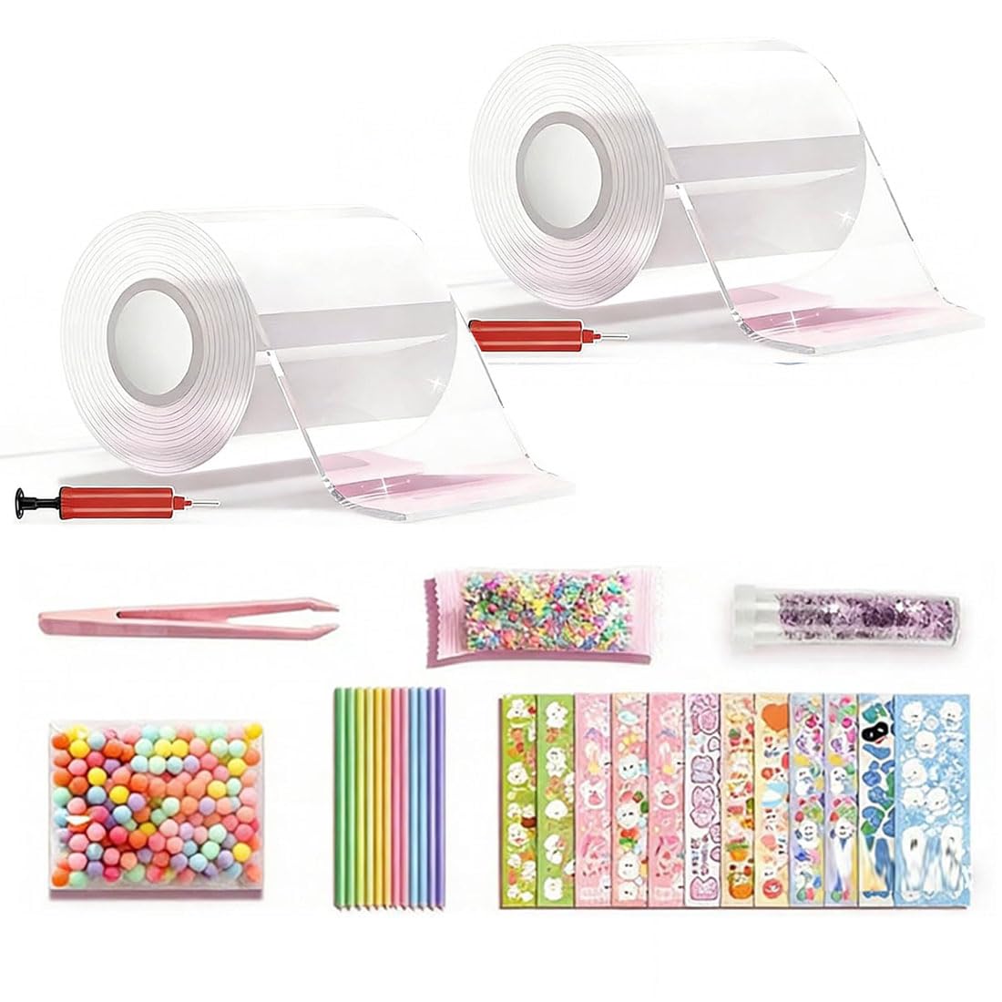 ALCOGOALL Glitter Bubble Nano Tape Toy Set, Nano Tape Bubble Kit for Kids, DIY Nano Tape Squish-y Making Kit, Double Sided Adhesive Bubbles with Glitter Stickers for Boys Girls Age 2 Set (Clear)