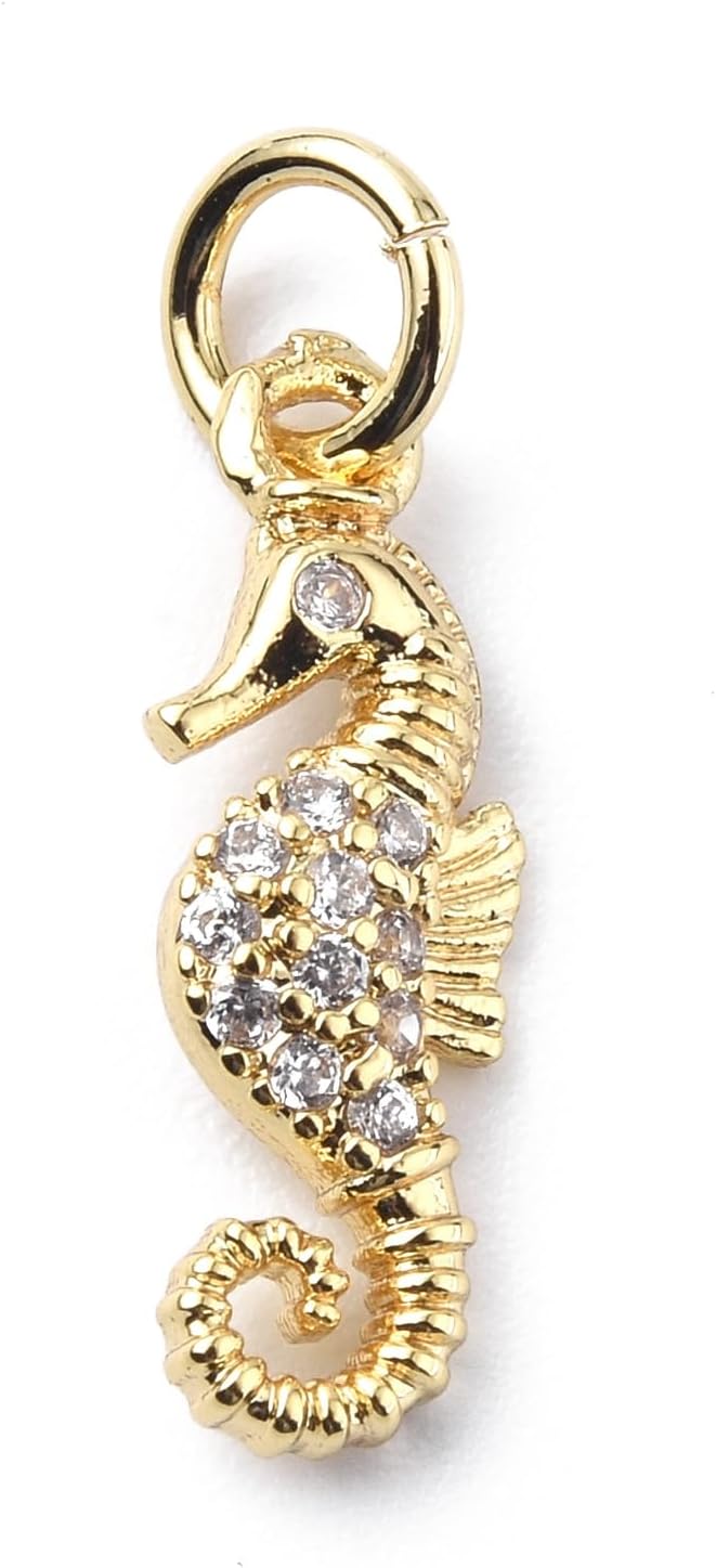 KitBeads 10pcs Cubic Zirconia Sea Horse Charms Real 18K Gold Sea Animal Summer Ocean Creature Seahorse Charm for Jewelry Making Bracelets Necklace Bulk