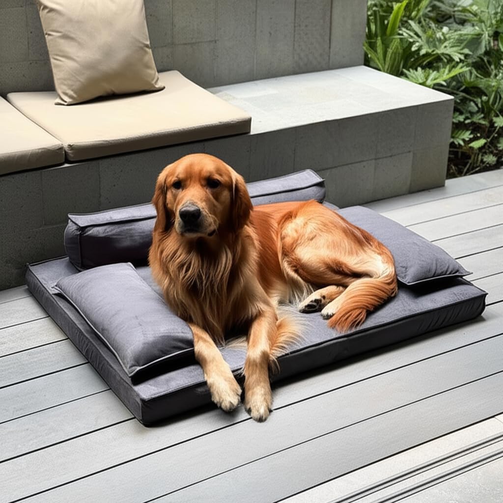 Luxury Orthopedic Dog Bed with Bolsters – Modern Sofa-Style Pet Lounger with Supportive Pillows – Waterproof & Washable Cover – Large Dog Bed for Indoor & Outdoor Use, Grey 46" x 34"